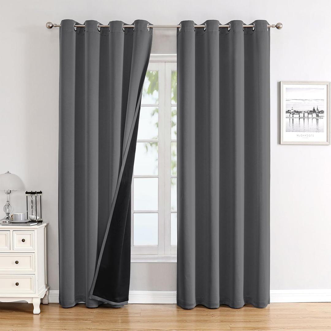 ChrisDowa 100% Blackout Curtains for Bedroom with Black Liner, 2 Thick Layers Total Blackout Thermal Insulated Grommet Window Curtains 2 Panels Set (Grey, 52 x 72 Inch)