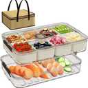 Snack Box Containers, Divided Serving Snack Tray with Lid - Double layered Stackable Snackle Platters with Bag, 8 Compartment for Snacks, Candy, Fruits, Nuts, Veggie for Fridge, Gray Large Organizer.