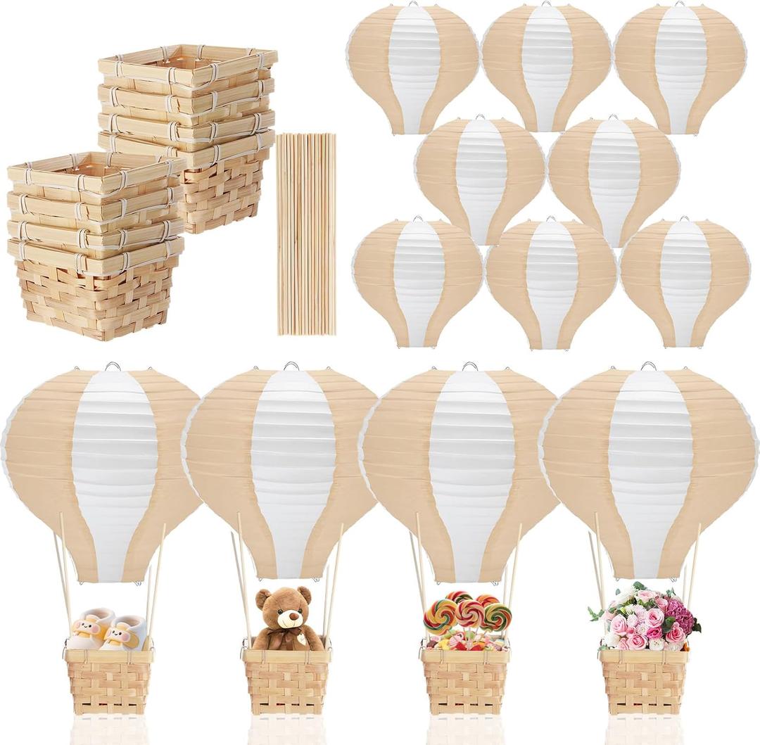 Meooeck 8 Sets Hot Air Balloons Baby Shower Table Decorations Centerpieces 11.8'' Paper Lanterns with Baskets Sticks for Gender Reveal Birthday Wedding Graduation Party (Light Brown)