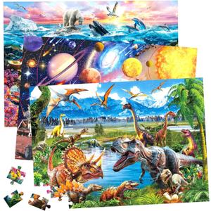 Puzzles for Kids Ages 4-6, 3 Pack 100 Pieces Large Puzzles for Toddlers 3-5 (Dinosaurs, Outer Space, Ocean Life), Learning & Educational Games for Kids 6-8, 19.75 x 13.75