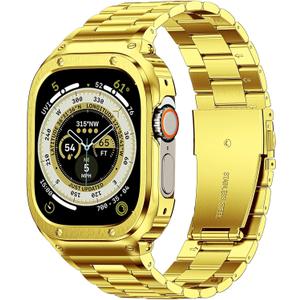 MioHHR Stainless Steel Band and Case Compatible with Apple Watch Band 49mm, Men Metal Protective Bumper Cover for iWatch Series Ultra 3/2/1, Gold