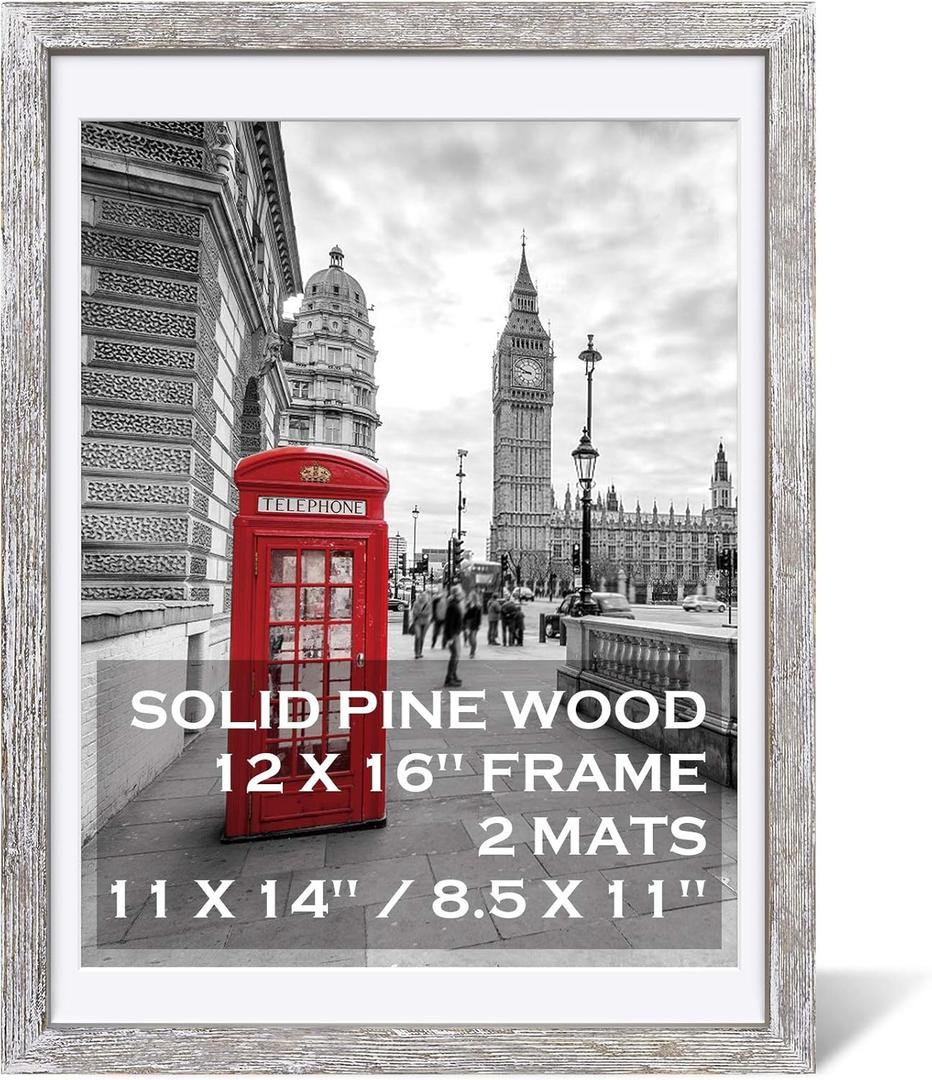 12x16 Rustic Picture Frames Solid Wood Display Pictures 11x14 or 8.5x11 Diplomas with Mat or 12x16 without Mat, Farmhouse Distressed Wooden Picture Frame for Wall or Table Top Display, Driftwood White
