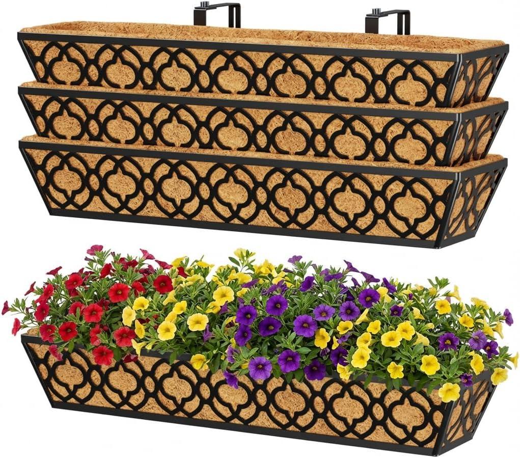 Y&M 4-Pack 30 Inch Railing Planter Boxes 24 Inch 2 Pack, Hanging Balcony Planter, Adjustable Deck Railing Planter Box, Metal Window Boxes Outdoor for Fence, Porch Flower Pots Holder, 30 inches x 26.7 inches x 4.8 inches