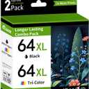 64XL Ink Cartridges High Yield Combo Pack (2-Pack, Black, Tri-Color) Replacement for HP 64XL Envy Photo 7858 7855 7155 6255 6252 6230 7120 7158 Envy 7255e 7955e 7958e Printer