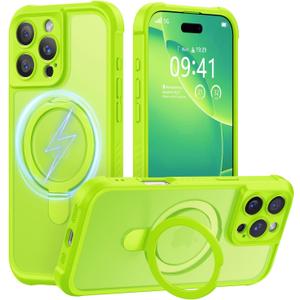 MOCCA Design for iPhone 16 Pro Case with Magnetic Invisible Stand [Full Camera Protection] [Compatible with Magsafe] Military Drop Shockproof Translucent Matte Phone Case Cover 6.3",Fluorescent Green