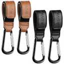 RUVALINO Leather Stroller Hooks for Diaper Bag and Stroller Organizer - Stroller Strap with Large Carabiner Clip for Bags - Accessories for Wheelchair, Shopping and Pet Cart, Black and Brown, 4 Pack