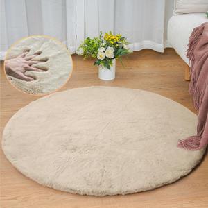 Camel Plush Shag Faux Rabbit Washable Fuzzy Fur Rugs for Living Room Bedroom Kids Circle Small Nursery Area Rug Round Rug 3ft (Beige)