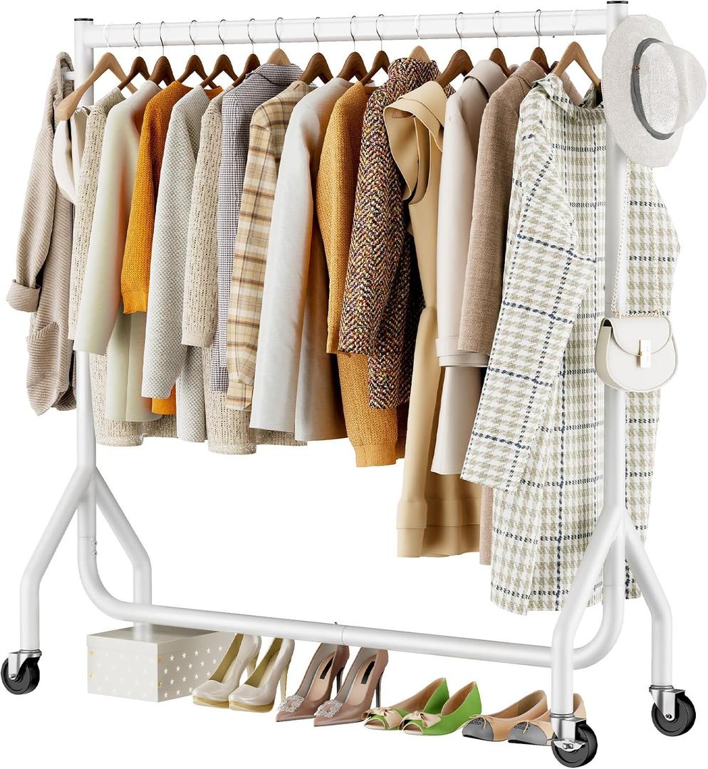 HYSEYY Clothes Clothing Rack, Rolling Heavy Duty Clothes Rack Load 420 LBS With Wheels, Metal Clothes Rack for Hanging Clothes, Portable Standing Clothes Garment Rack, White,48 inches