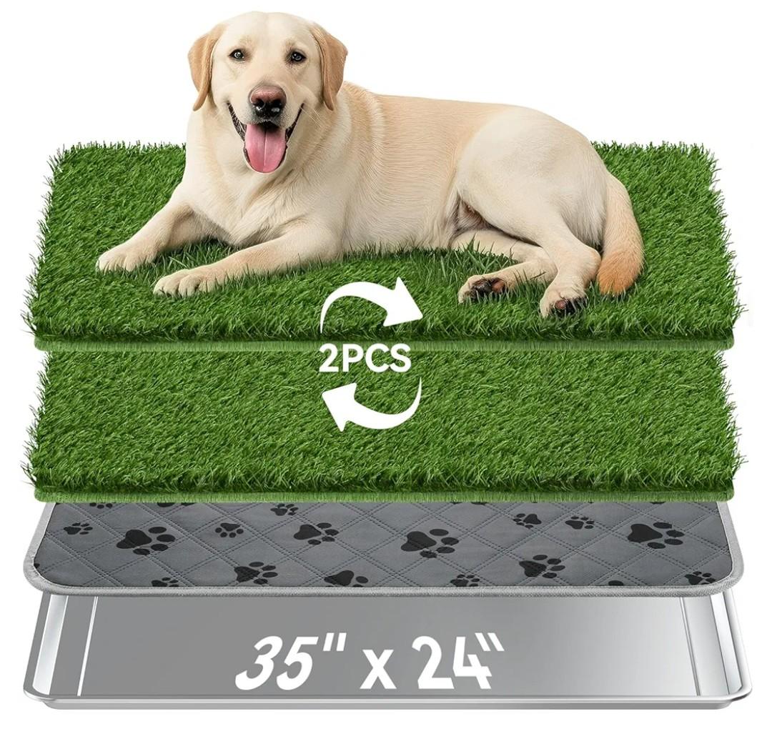 Dog Grass Pad with Tray Large, 35" x 24" Stainless Steel Dog Litter Box with 2 Premium Grass Pads & Reusable Pee Pad - Durable, Rust-Proof, Easy Clean Dog Toilet for Large Dogs Indoor Outdoor Use