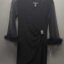 R&M Richards Women's Elegant Feather Trim Wrap Mini Dress W/Illusion Long Sleeves, Ruched Waist & Rhinestone Brooch Black, Size 4P
