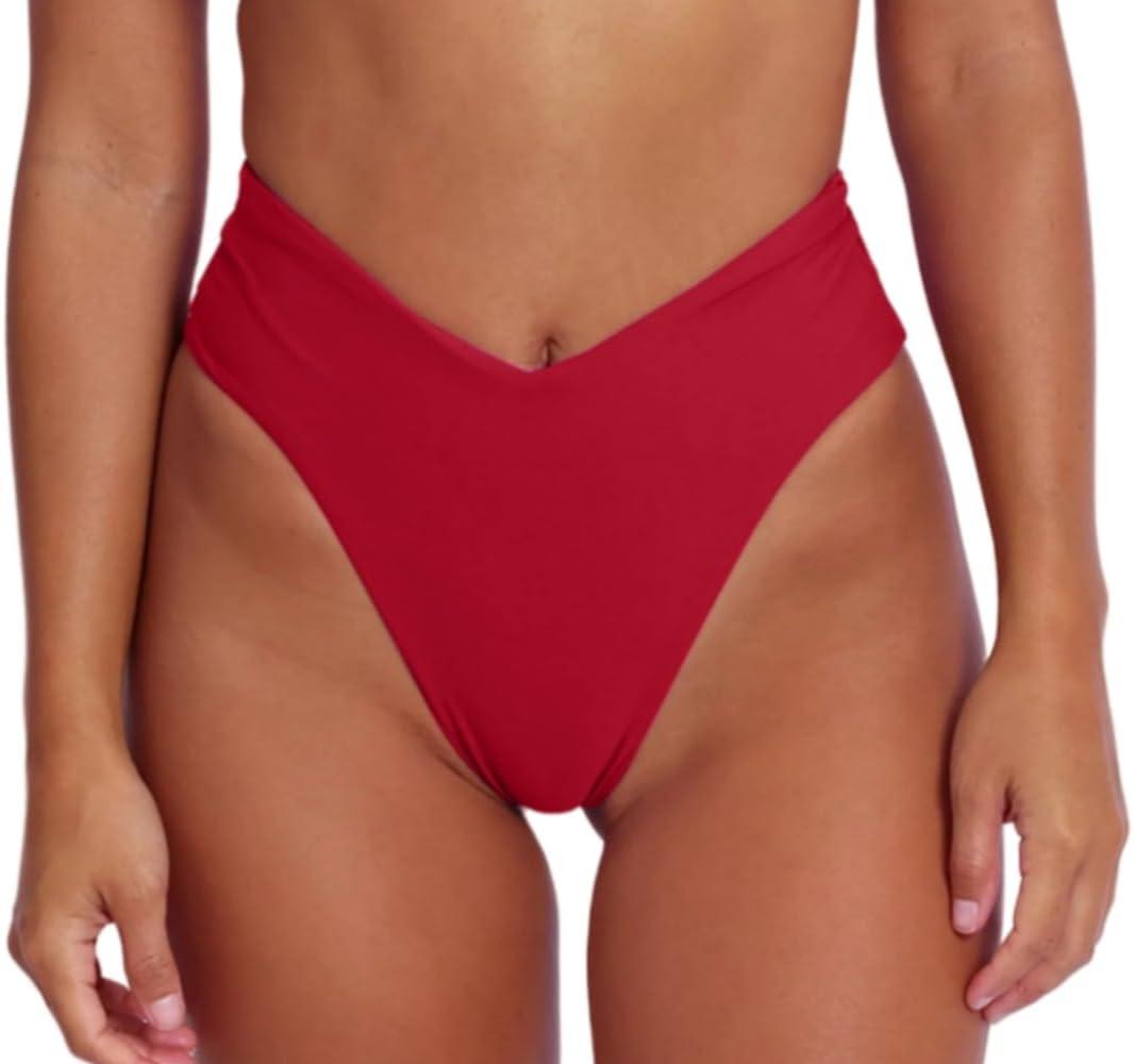 geluboao Women's Bikini Bottom Sexy V Cut High Cut Swimsuit High Waisted Bathing Suit Bottoms (Red, M)