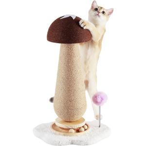 Mushroom Cat Scratching Post with Interactive Ball Track Spring Ball Cat Toys, 21.2" Cat Jute Scratcher Tree for Indoor Cats, Brown