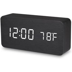 Battery Powered Digital Clock for Bedroom and Living Room Decor, Nightstand Clock with Voice Control Function Dual Display Time(12/24h) and Temperature(C/F), Office Wood Dcor (Black)