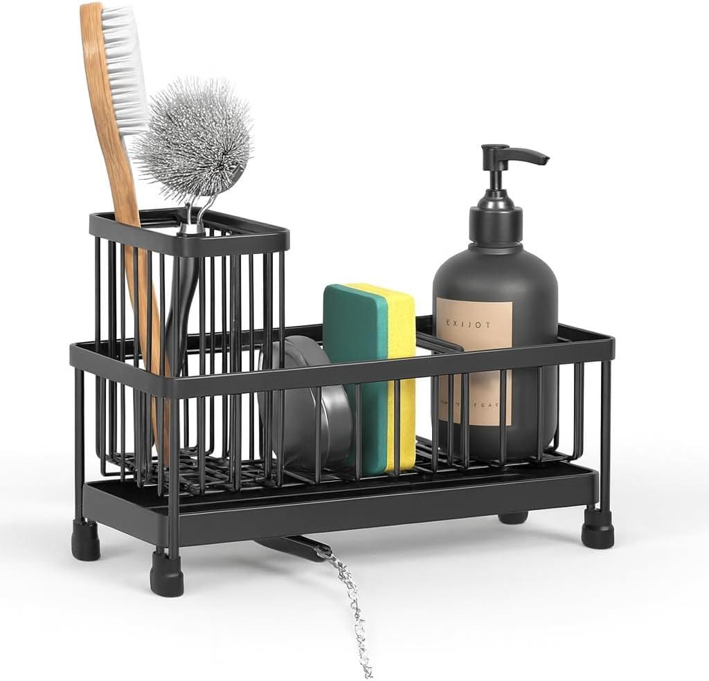 BSHG King Black Sponge Holder for Kitchen Sink, Sink Caddy Organizer with High Brush Holder, Kitchen Countertop Organizers and Storage Essentials,rustproof Stainless Steel(1Sink Caddy + 2 Sponges)
