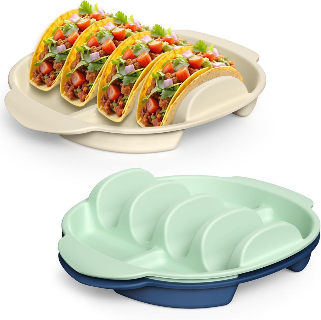 Silicone Taco Holder Set of 3, Reusable Taco Stand Rack Tray with 4 Dividers, Taco Plates for Hard/Soft Taco Shells, Taco Party Serving Plates, Dishwasher & Microwave Safe Taco Holders
