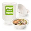 W&Y 12 oz Paper Bowls, 100-Count Disposable Compostable Bowls, Microwave Safe & Heavy Duty, Biodegradable Sugarcane Fiber Bowl for Hot Soup, Salad, Snacks, and Party Use