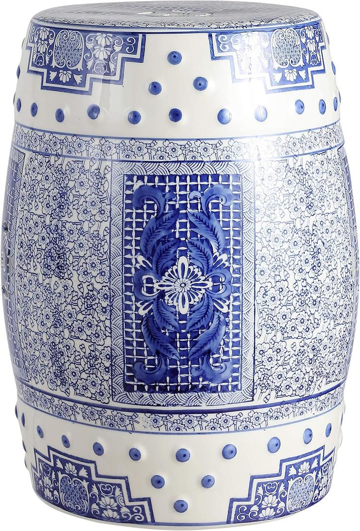 JONATHAN Y TBL1003A Acanthus 17.8" Chinoiserie Ceramic Drum Indoor/Outdoor Garden Stool, Bohemian, Coastal, Classic, Cottage, French Country, Traditional, Living Room, Garden Room, Patio, Blue/White