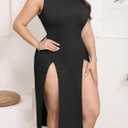 SILUI Women's Mock Neck Ribbed Knit Sexy Double High Slit Dress Plus Size 2025 Fall Going Out Long Midi Dresses (Black, XXL)