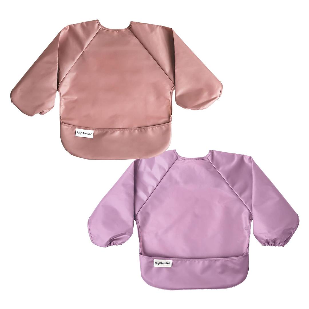Tiny Twinkle Long Sleeve Bib for Babies & Toddlers | 2-Pack Waterproof Smock Bib for Eating | Machine Washable & Mess-Proof Feeding Essentials | Newborn Shower Gift (Taupe Lilac,624M)
