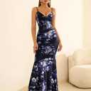 GLNEGE Floral Wedding Guest Maxi Dresses for Women Summer Cocktail Dress | Spaghetti Strap V Neck Mesh Ruched Formal Dress, Bridal Shower Elegant Bodycon Long Dress 2026 (Blue, S)