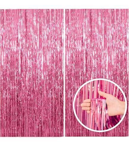 Colorfast FOIL Fringe Curtain Backdrop for Birthday, Graduation Celebration, Bachelorette, Valentines Party Celebration, Event Decoration (Color may vary) Pink, Pack of 3