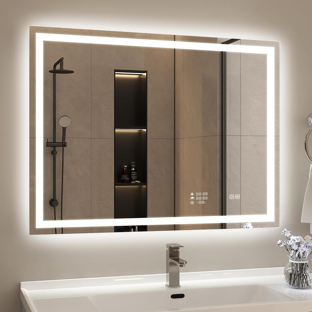 STARLEAD 24"x32" LED Bathroom Mirror with Built-in Clock, Dimmable Lighting, 3 Color Temperature, Anti-Fog, Touch Control Wall Mounted Vanity Mirror