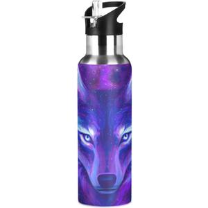 Wolf Water Bottle Wolf Cups Galaxy Water Bottle for Kids Girls with Straw Lid Wolves Insulated Stainless Steel Water Flask Sport Gym 20 oz