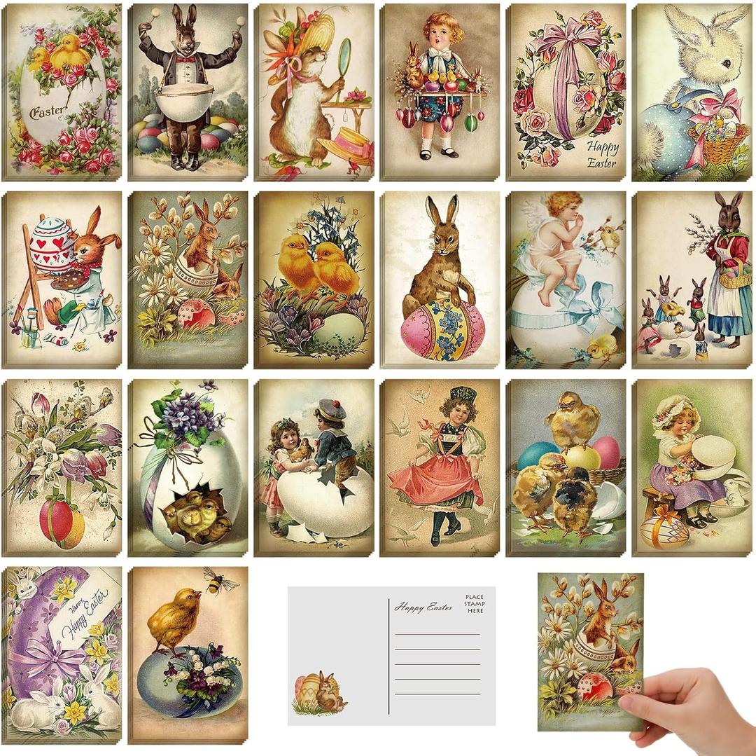 Nuanchu 80 Pcs Vintage Easter Cards Bulk Retro Postcards 4 x 6'' Bunny Greeting Cards Easter Egg Postcards Assorted Blank for School Office Home Business Gift Party Supplies