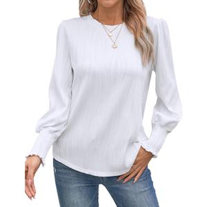 CiCiBird Women Casual Textured Tops Dressy Long Sleeve Solid Shirt Trendy Crewneck Work Blouses (White, M)