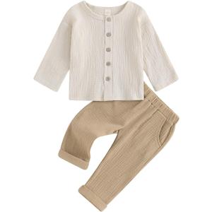 VISGOGO Toddler Boy Linen Outfit Baby Boy Fall Winter Clothes Set Button-Down Shirt Tops Cotton Linen Pants 2PCS (18-24 Months)