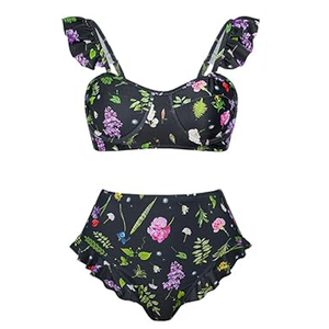 Womens 2 Piece Swimsuits with Cover Up 2 Pieces Bikini Set with Sarong High Waisted Bikini (Medium, Black Flower)