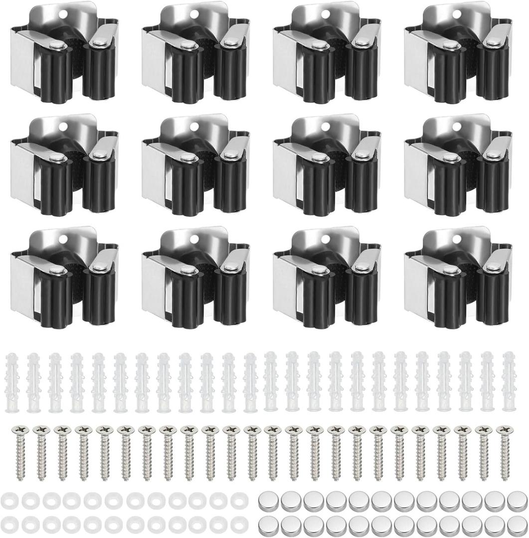 PATIKIL Broom and Mop Holder, 12 Pack Wall Mounted Stainless Steel Mop Hanger Heavy Garden Tool Organizer Rack Hanging Clips with Screws for Home Garage, Black