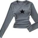 SOLY HUX Girl's Y2k Long Sleeve Top Star Graphic Ruched Fitted Tee Shirts Fall Streetwear (Gray)