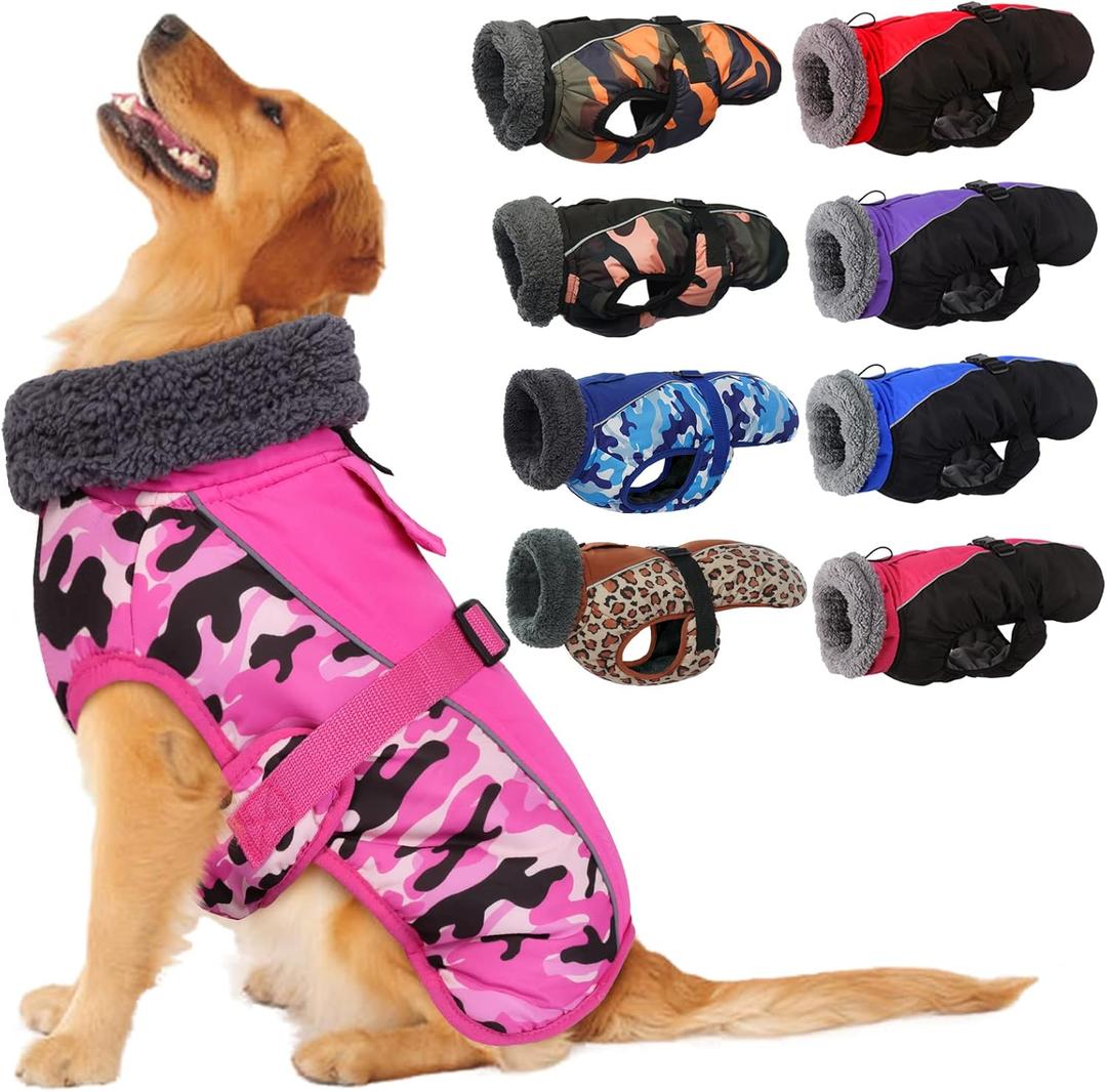IECOii Extra Warm Dog Coat - Reflective Adjustable Jacket With Buckle Fleece Turtleneck for Cold Weather - Soft Winter Coat (Large(Chest:20.9-24.4 in), Pink Camo)