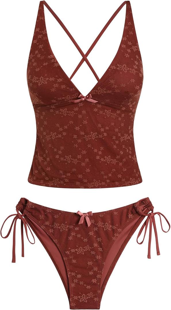 ZAFUL Women's Tankini Set V Neck Tummy Control Floral Printed Tie Side Thong Bikini Swimsuits 2 Piece Bathing Suits M