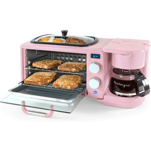 Nostalgia 3-in-1 Retro Breakfast Station - Includes 5 Cup Coffee Maker, Non-Stick Ceramic Griddle, and 4-Slice Toaster Oven - Built-In Timer, Reusable Coffee Filter, Space-Saving Design - Pink