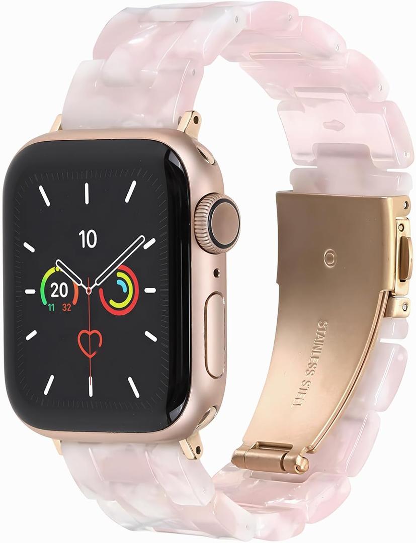 MAIRUI Resin Watch Band Compatible with Apple Watch for Women Men 49mm/45mm/44mm/42mm Series 9/8/7/6 SE Slim Bands Strap Bracelet Wristband for iWatch 5/4/3/2/1/Ultra/Ultra 2(Light Pink)