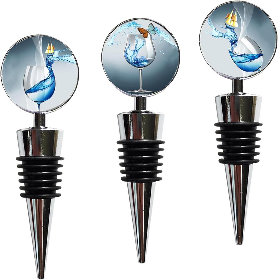Bottle Stoppers Stainless Steel Stoppers with Decorative Art Glass, and Beverage Bottle Corks for Gifts, Bar, Wedding, Holiday Party (Blue)