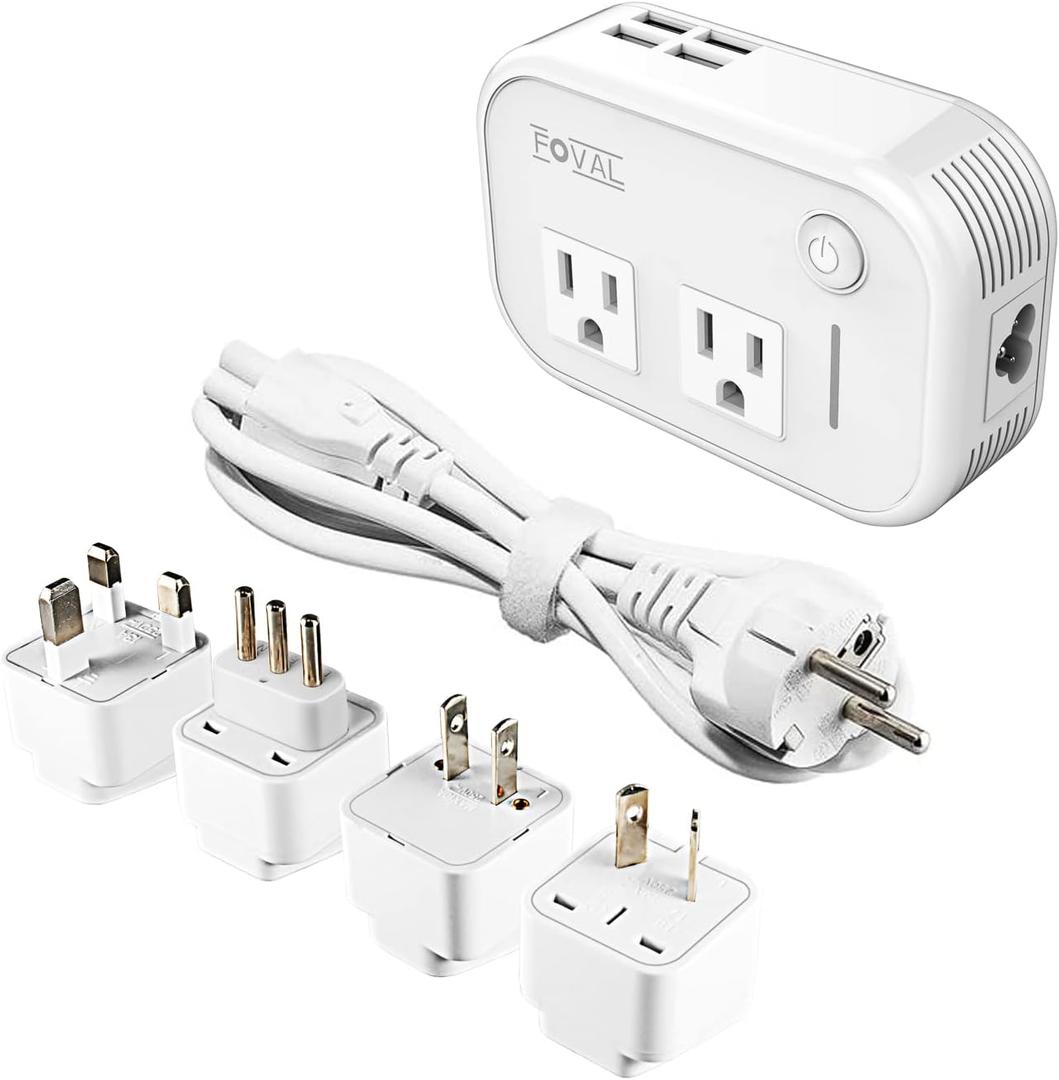 FOVAL Power Step Down 220V to 110V Travel Voltage Converter International Power Adapter for Hair Straightener/Curling Iron with 4Port USB Charging US/UK/AU/EU Universal Plug Adapter (White)