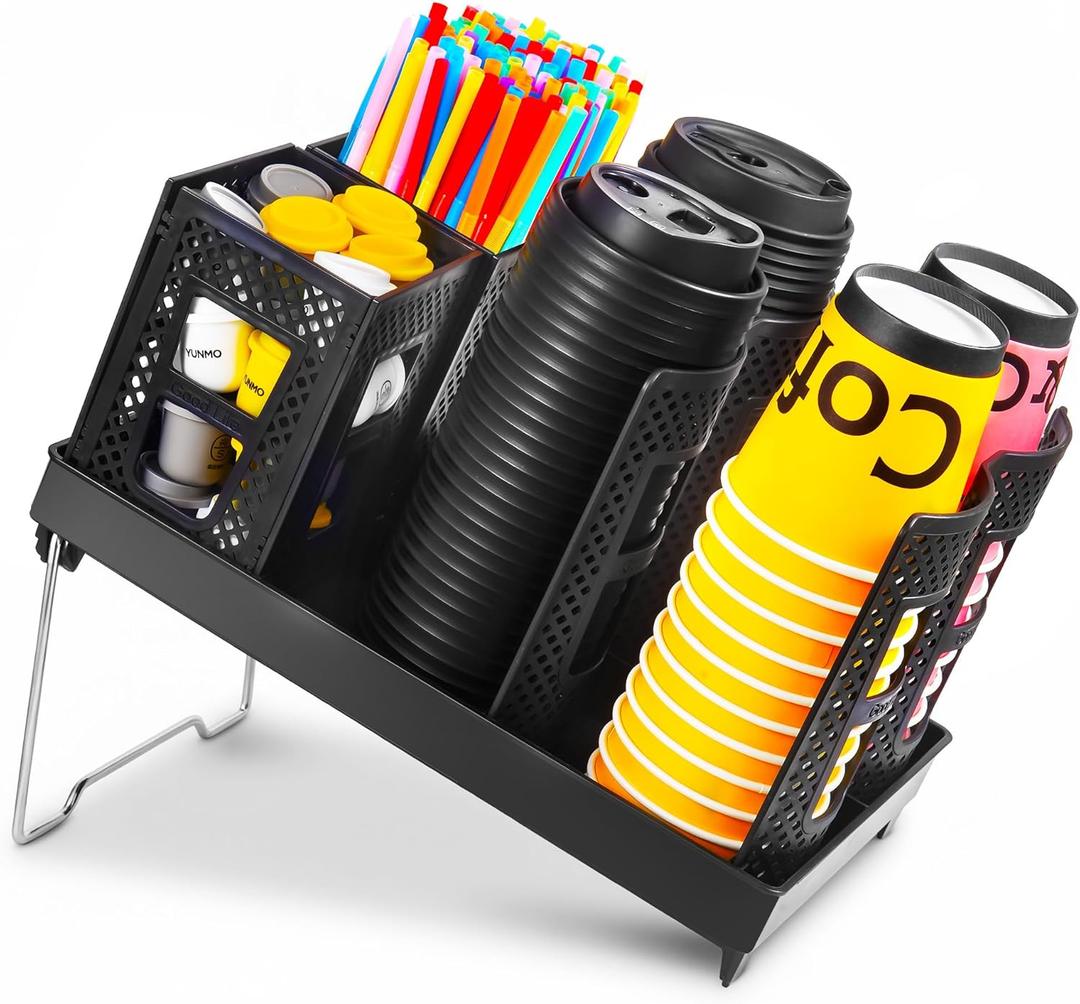 BEABOO Cup and Lid Holder, Disposable Paper Cup Dispenser with Coffee Pod Straw Storage Basket, 6-Compartment Countertop Coffee Cup Holder for Coffee Stations, Break Rooms, Living Rooms (Black)