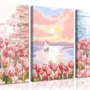 3Pcs Pink Tulip Floral Canvas Wall Art Seaside Scenery Wall Decor Pictures Trendy Preppy Room Decor Aesthetic Posters Prints for Living Room Bedroom Girls Dorm Decoration 12x16in