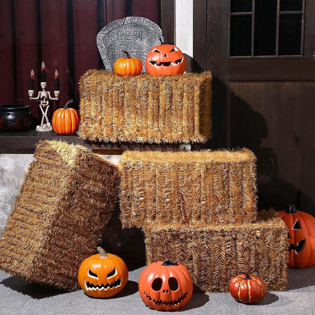 Suzile 4 Pcs Halloween Decorative Straw Bale, 24 x 12 x 12 Inches Foldable Hay Bales Decoration, Easy to Handle Reusable Fake Hay Stacks Waterproof for Indoor Outdoor Halloween Parties Photo Props