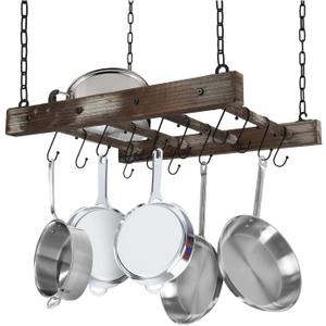 J JACKCUBE DESIGN Hanging Pot Rack Pan Ceiling Wall Mounted Hanger Multi- Purpose Rustic Wood and Metal Cookware Kitchen Storage Organizer With Utility 16 Hooks - MK603B