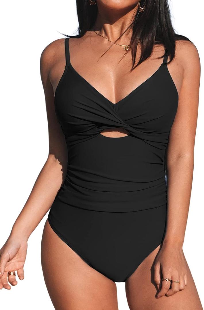 CUPSHE One Piece Swimsuit for Women Bathing Suits Twist Front Cutout Adjustable Straps Ruched Swimwear, Large