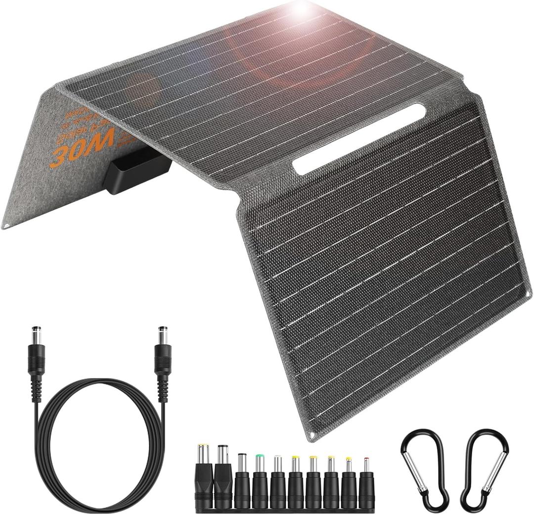 Portable Foldable Solar Panel Kit 30W 18V ETFE Solar Panels Charger with USB 3.0, Type-C and DC Outputs Fast Charging Compatible with iPhone, iPad, Power Banks, IP67 Waterproof for RV Camping Off-Grid