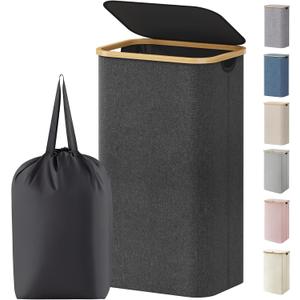 Lifewit 100L Laundry Basket with Lid, Clothes Hampers for Laundry with Bamboo Handles and 1 Removable Bag, Large Foldable Laundry Hamper for Bedroom, Bathroom, Dorm, Laundry Room, Dark Gray