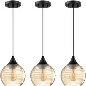 3 Pack 1 Light 6.3" Kitchen Island Hanging Pendant Ceiling Light Farmhouse Dining Light Fixture, for Living Room, Dining Room, Over Sink (Amber Glass, Finish A)