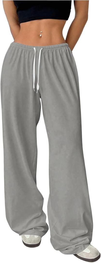 RoseSeek Women's Drawstring Elastic Waist Active Jogger Wide Leg Pants (Gray, L)