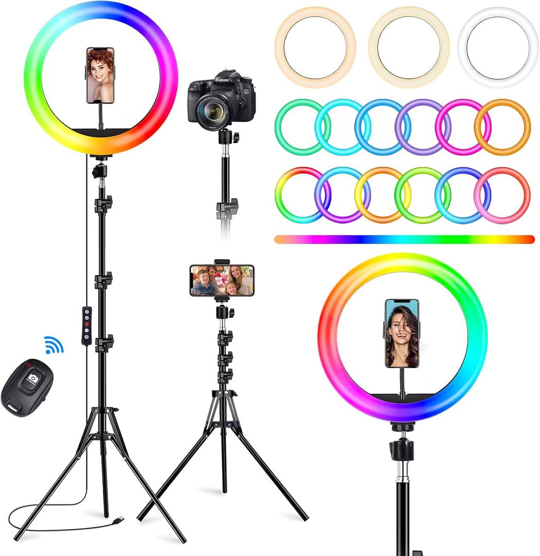 STALLY 10.2" Ring Light with Stand, 75" Tall Ring Light with Phone Holder and Wireless Remote, 12 Dimming Levels, 32 Color Modes Selfie Light Tripod for iPhone, Live Stream, Makeup, YouTube, TikTok