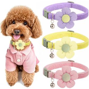 Small Dog Collar with Flower, Puppy Collars XS Dog Collars for Small Dogs with Bell for Girl Boy Little Dog (Pink + Purple + Yellow)